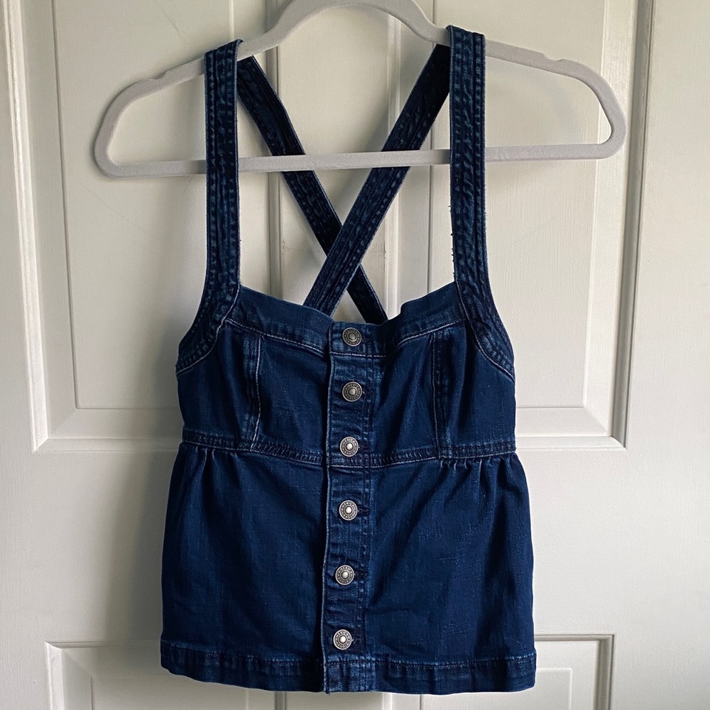 NWOT American Eagle Denim Button-Front Crossback Tank Top - Dark Blue